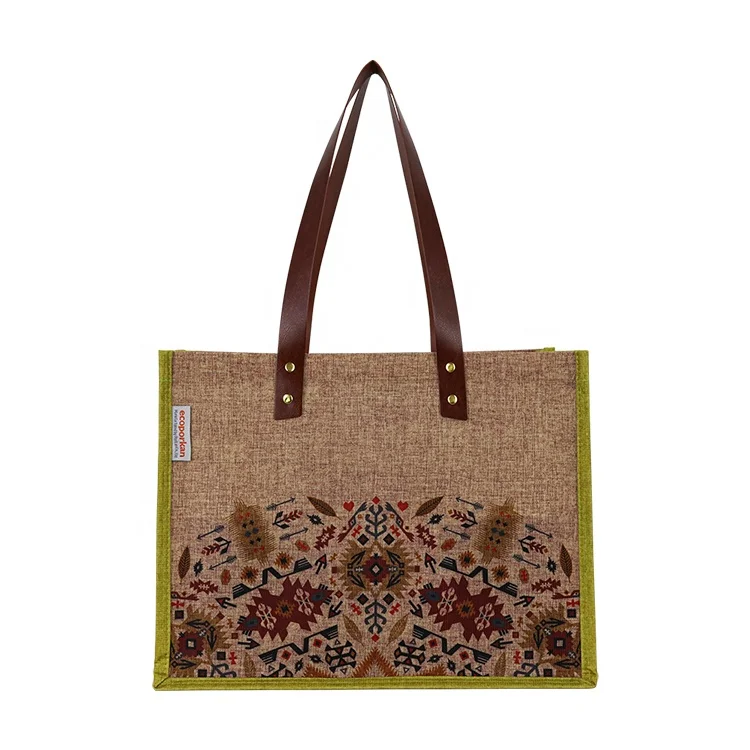 Reusable Laminated Rpet Woven Tote Bag Recycled rPET Non Woven Shopping Bags Custom Logo Grocery Beach Bag With Leather Handles