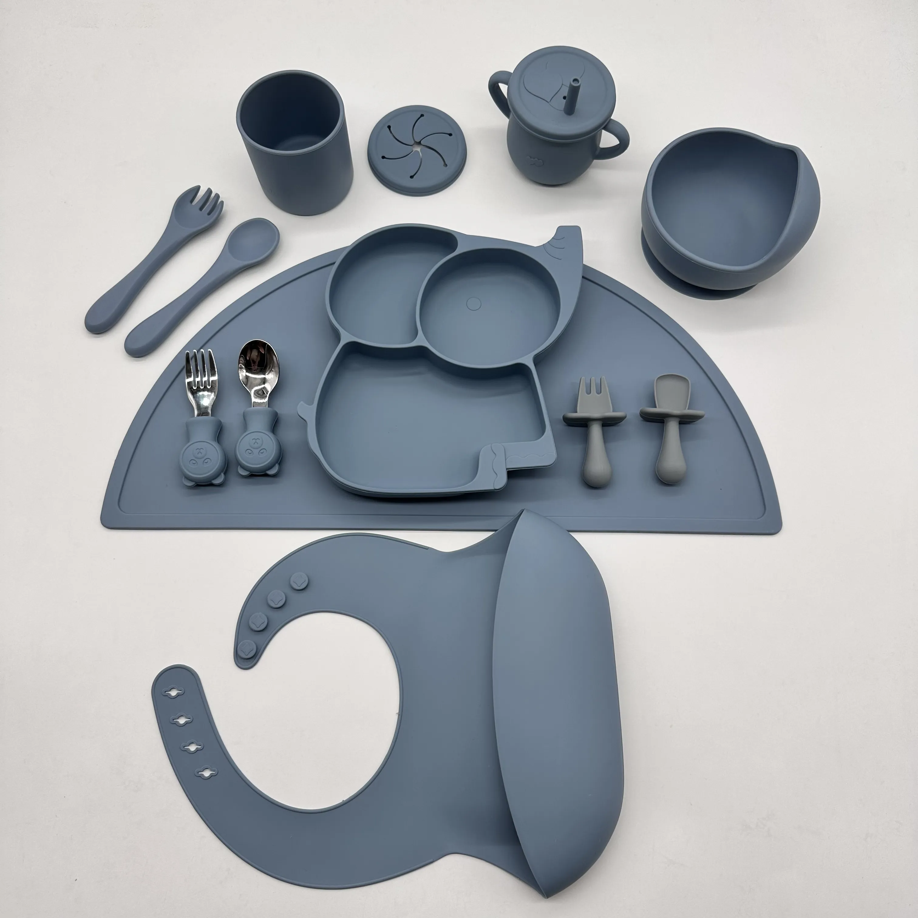 Custom Eco Friendly children tableware kid Dining silicone Suction baby Plates Spoon Fork Bowl Bib baby silicone Feeding Set