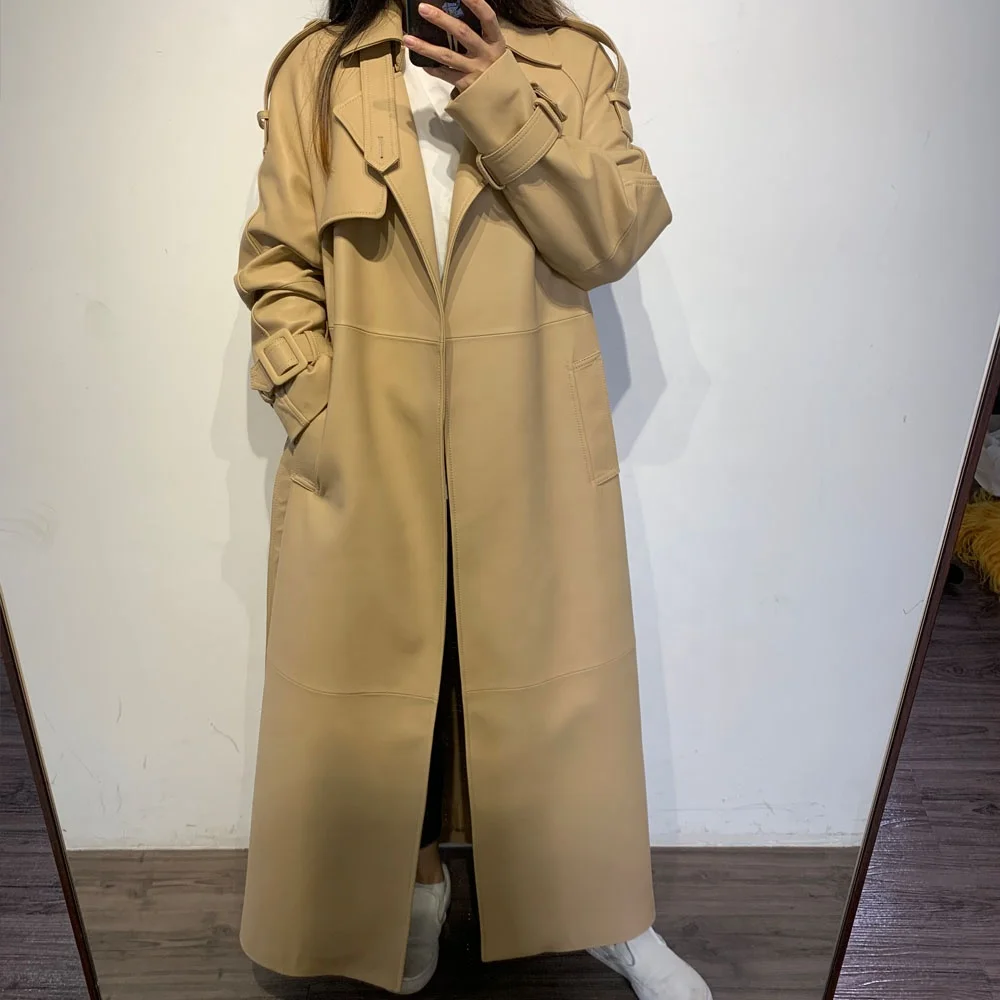 2024 Fashion Beige Trench Coats Trendy Casual Leather Jacket Female Full Leather Jackets