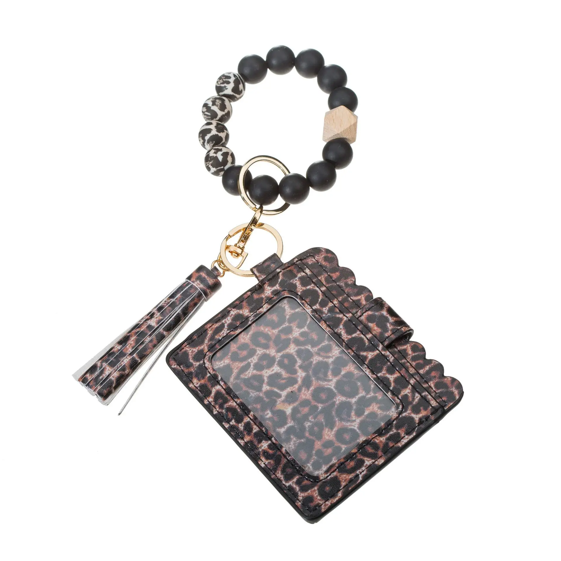 Hot Sale Western Style Card Holder Bag Leopard Wallet Wristlet Bangle Silicone Beads Bracelet Wallet Keychain