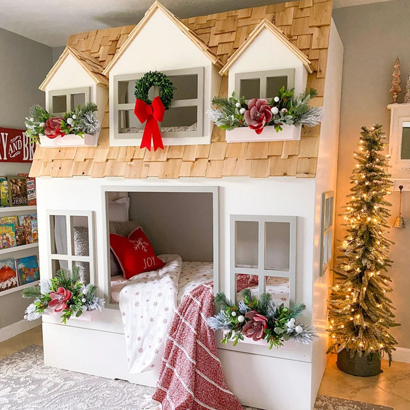 Children Bedroom Furniture Sets Modern Solid house-shaped Wooden Bunk Bed for Kids