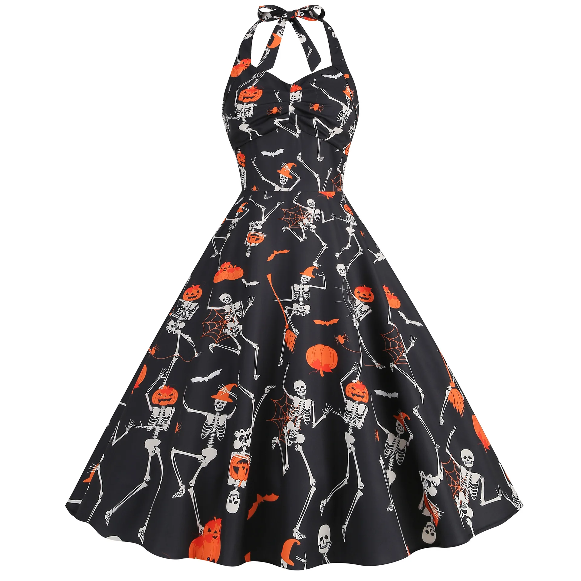 Women Robe Swing Skull Print Scarey Halloween Costumes Midi Vestidos Sexy Halter Strapless Gothic Retro Rave Party Dresses