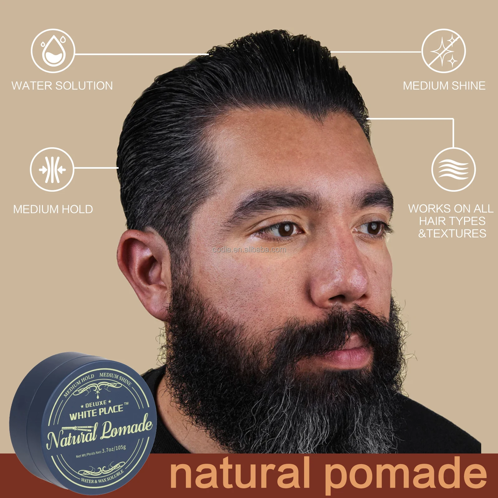 White Place Deluxe Natural Pomade Medium Hold Shine Gold Color Men`s Hair Wax for Look
