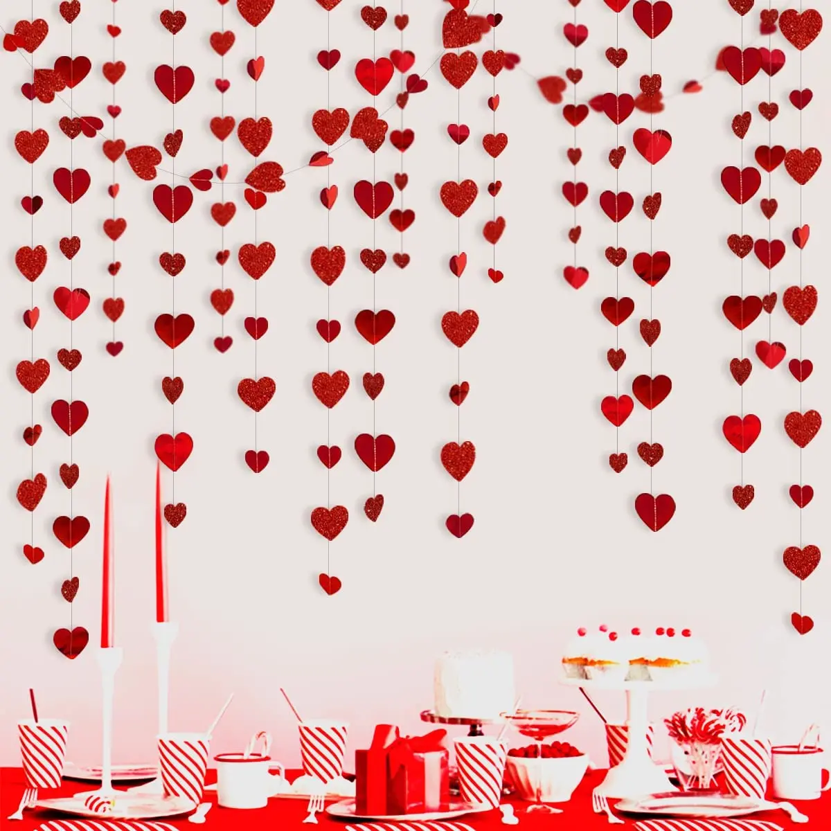 Partycool Hanging Streamer Vortex Decoration Wedding Valentine Hollow Red Love Heart Wreath Set Glitter Powder Metallic Paper