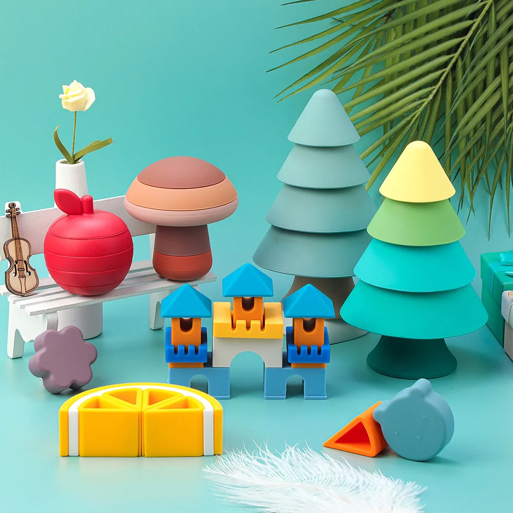 Free Logo OEM ODM Colorful Baby Multi Toys Silicone Stacking Teething Toys Blocks Soft Teether Set