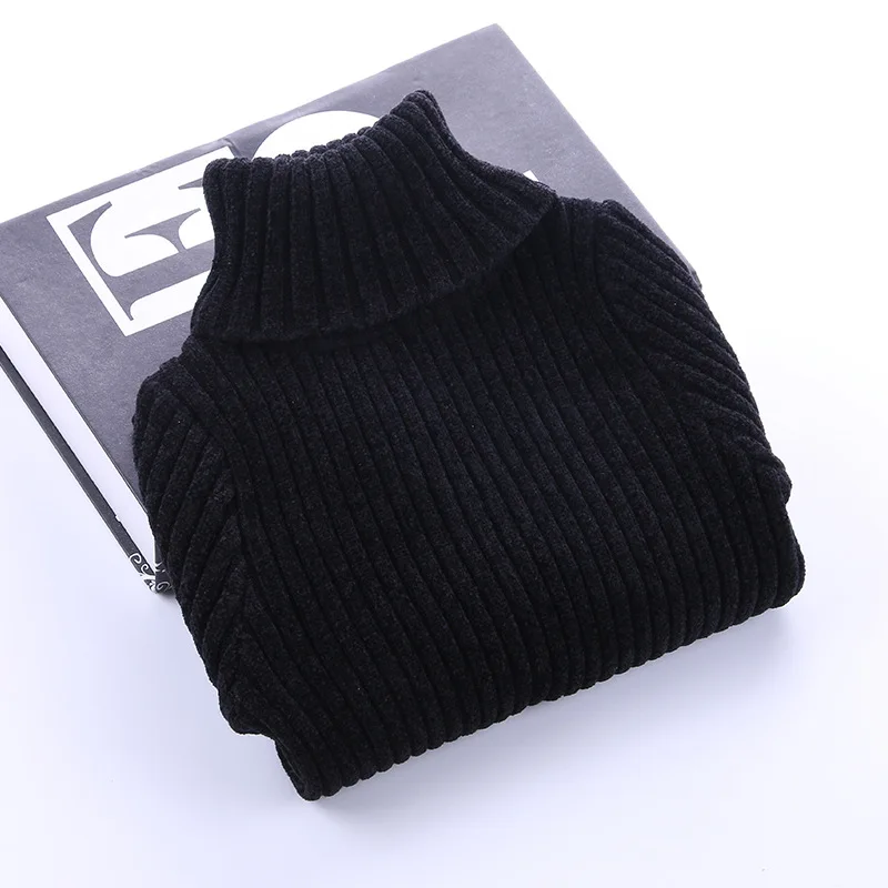 Autumn Winter Thick Chunky Unisex Simple Design Solid Color Blank Knitted Striped Rib Girls Boys Children Kid Turtleneck Sweater
