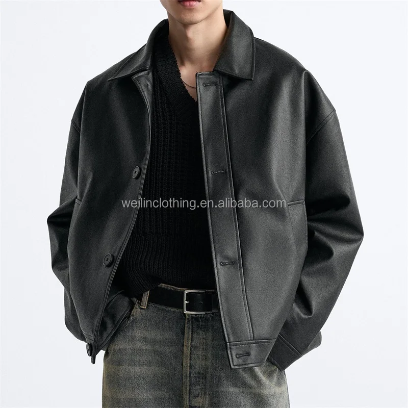 Custom lapel shirt collar overshirt plain blank black Button leather jacket for men