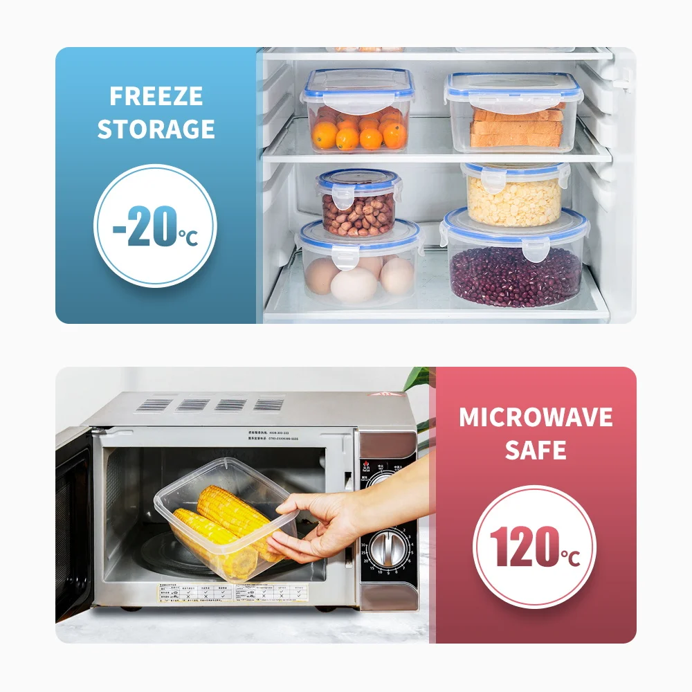 Refrigerator dry clear bpa free kids plastic kitchen organizer clip lock airtight stackable food storage container with lids