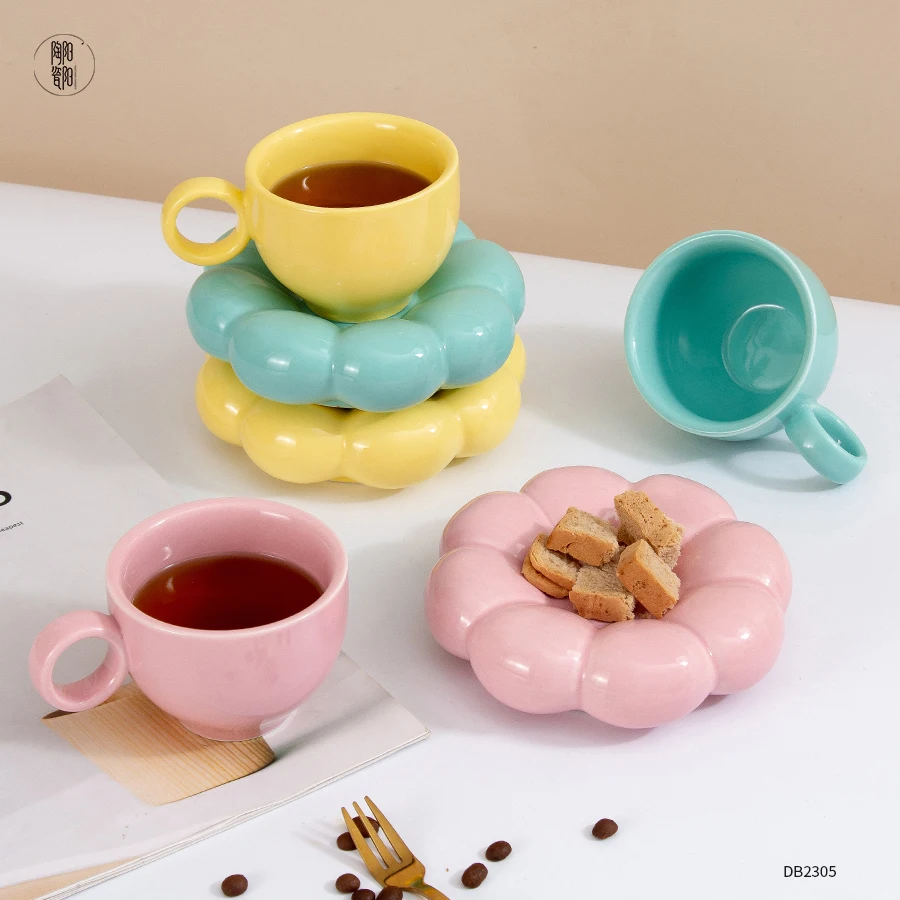 Nordic ins custom Macaron breakfast porcelain coffee mug Sunflower coffee ceramic cup and saucer