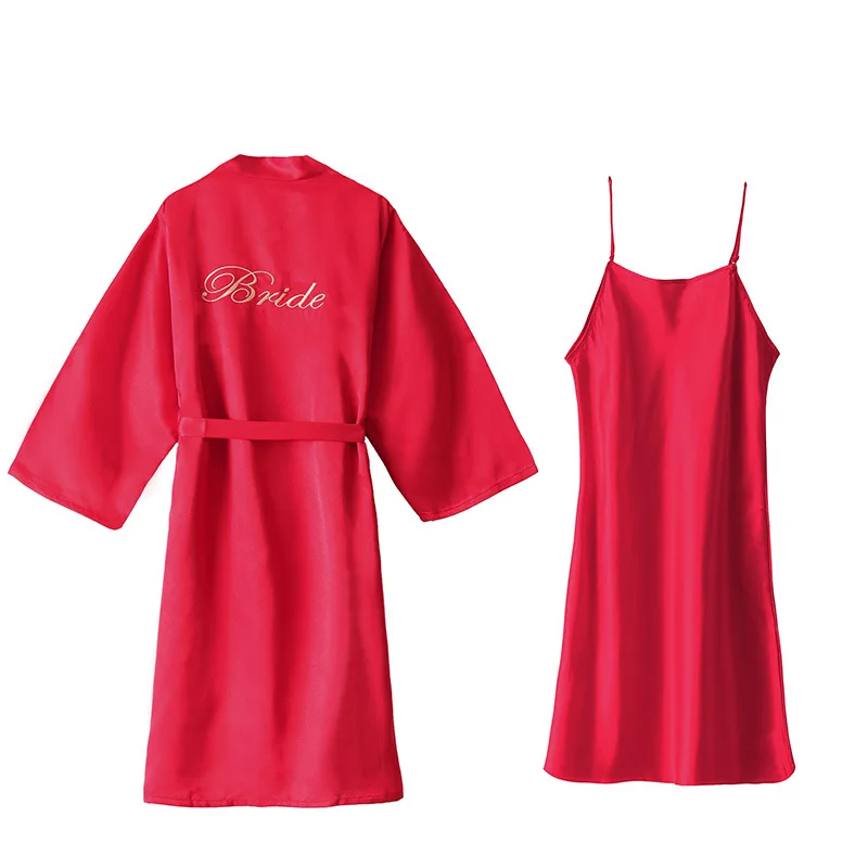 Custom Logo Embroidered Silk Nightgown 2 Pieces Bride Wedding Robe Sets Bridesmaid Luxury Satin Bathrobes