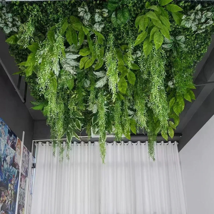 Hotel Restaurant Hall Roof Green Fake Leaf Wall Panel Faux Greenery Artificial Ceiling Hanging Leaves Plant for Ceiling Decor