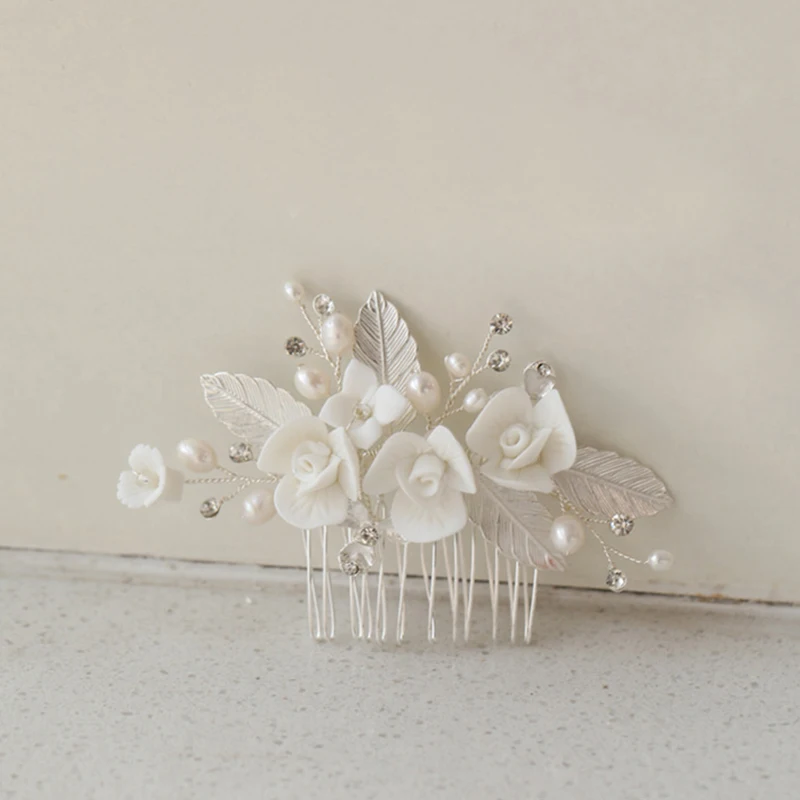 Керамическая металлическая расческа для волос с цветами, аксессуары для волос из пресноводного жемчуга, свадебная расческа для волос ручной работы