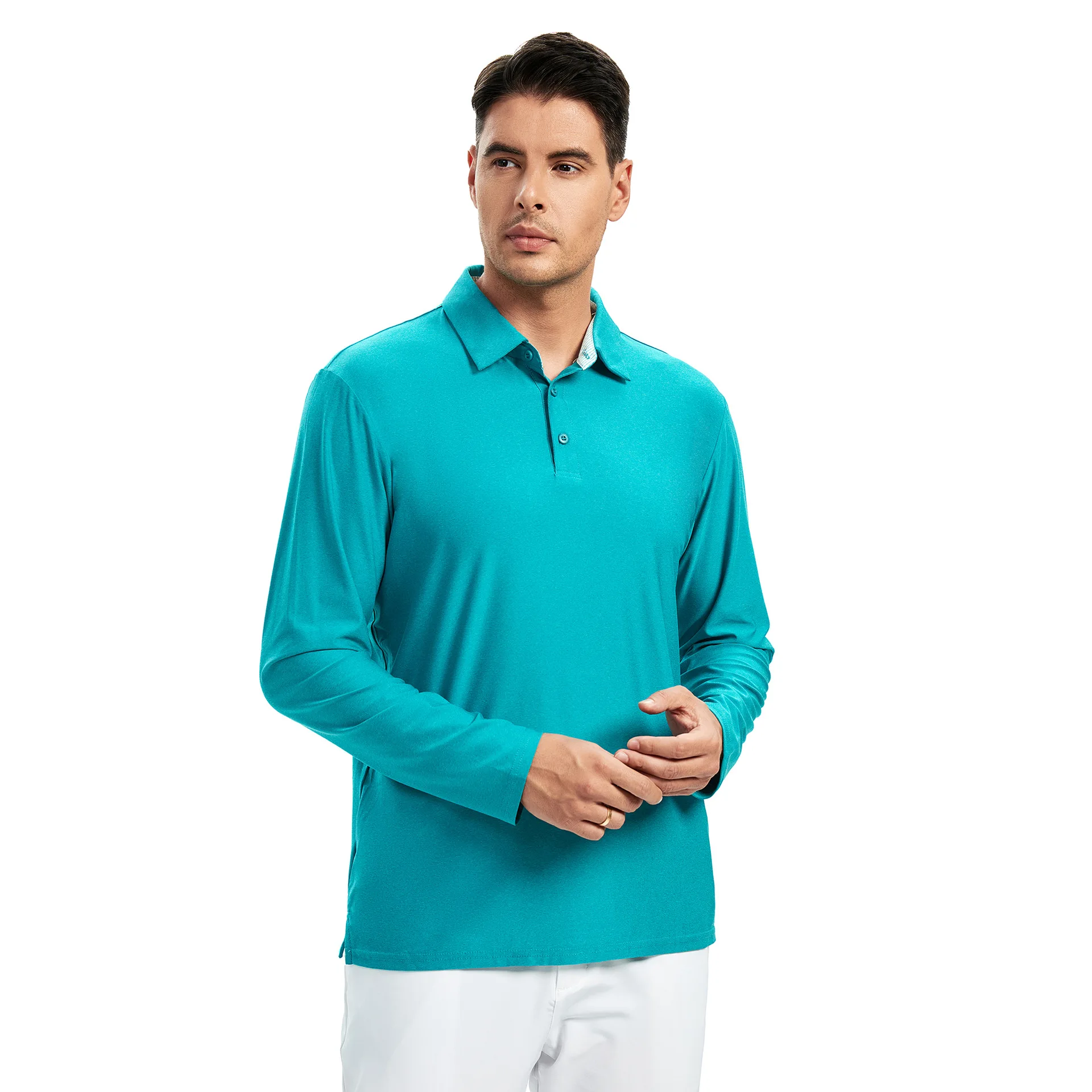 Wholesale Casual Men Polyester Spandex Moisture Wicking Sport Long Sleeve Soft Polo Shirt Blank Solid Color Golf Polo