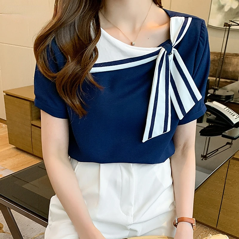 Dark Blue White Sailor Collar Fashion Korean Summer Chiffon Casual Blouse for Women Campus Office Lady Tops