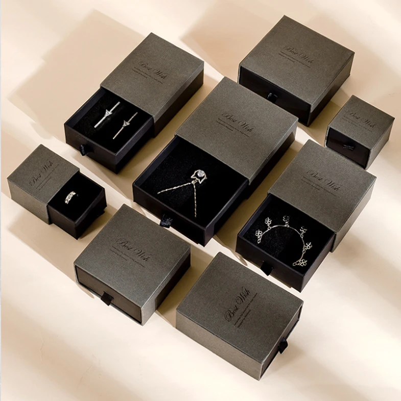 Custom logo printed luxury Earring Bracelet Necklace Ring Luxury Box gift slide drawer black packaging jewelry box