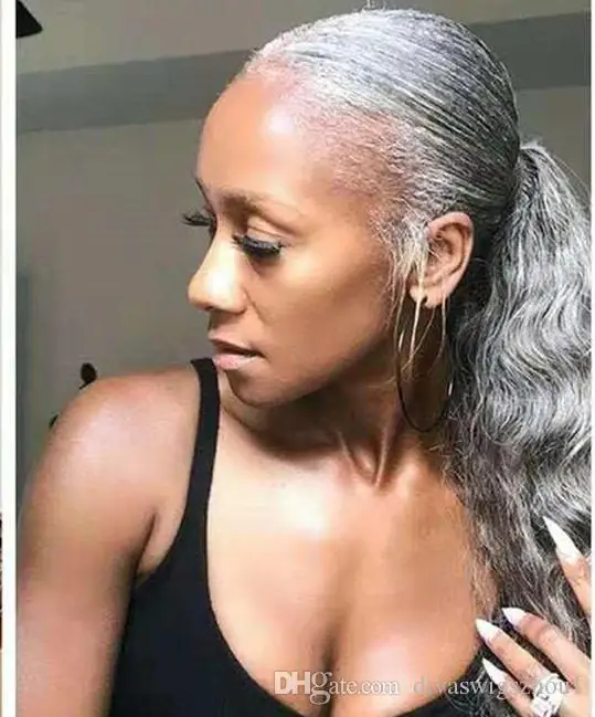 Индивидуальные двухцветные смешанные Натуральные Прямые Шелковистые Серебристые серые натуральные волосы конский хвост шиньон бразильские волосы для наращивания серые