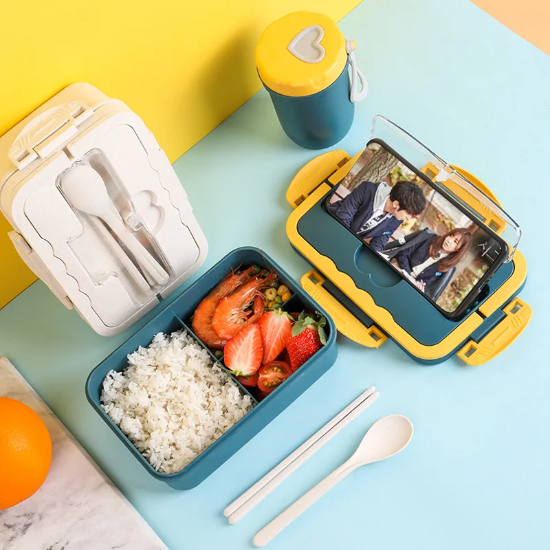 Food Grade Wheat Straw PP Materials 3 Compartments Heaterable Adult Tiffin Box Eco-Friendly Reusable Portable Kids Lunch Box