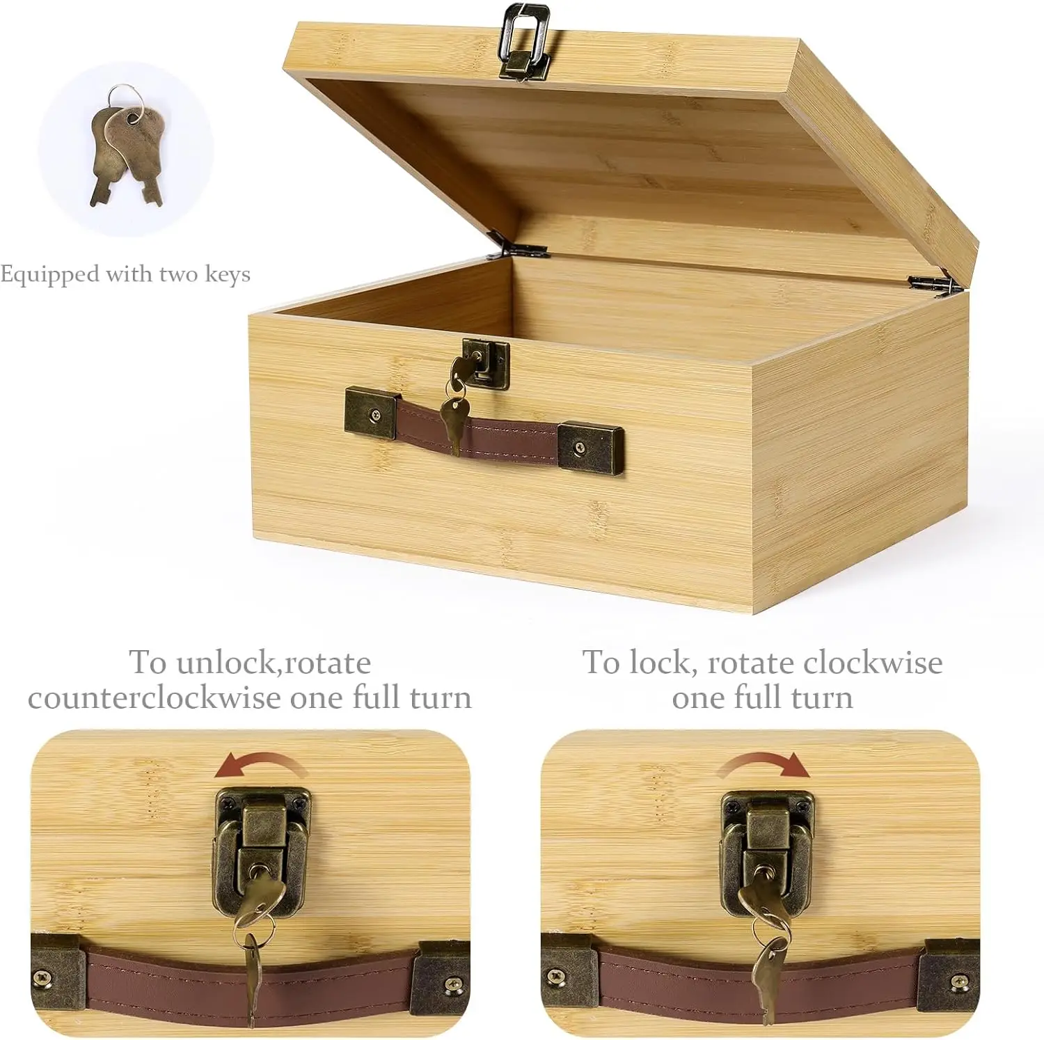 Large Bamboo Wood Storage Box with Lock Keys Hinged Lid PU Leather Handles Lidded Natural Wooden Storage Bins Basket