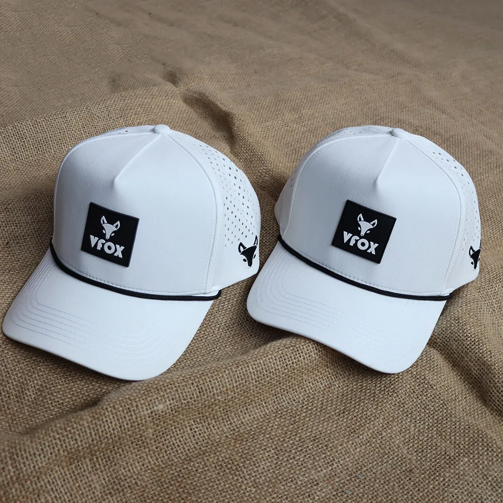 Small minimum order brand quality customized logos nylon curved brim waterproof nylon 5 panel baseball cap with rope