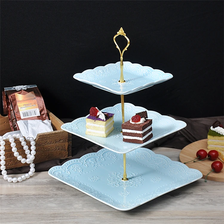 Factory direct sell various color fancy ceramic 2 tier cake plate for restaurant