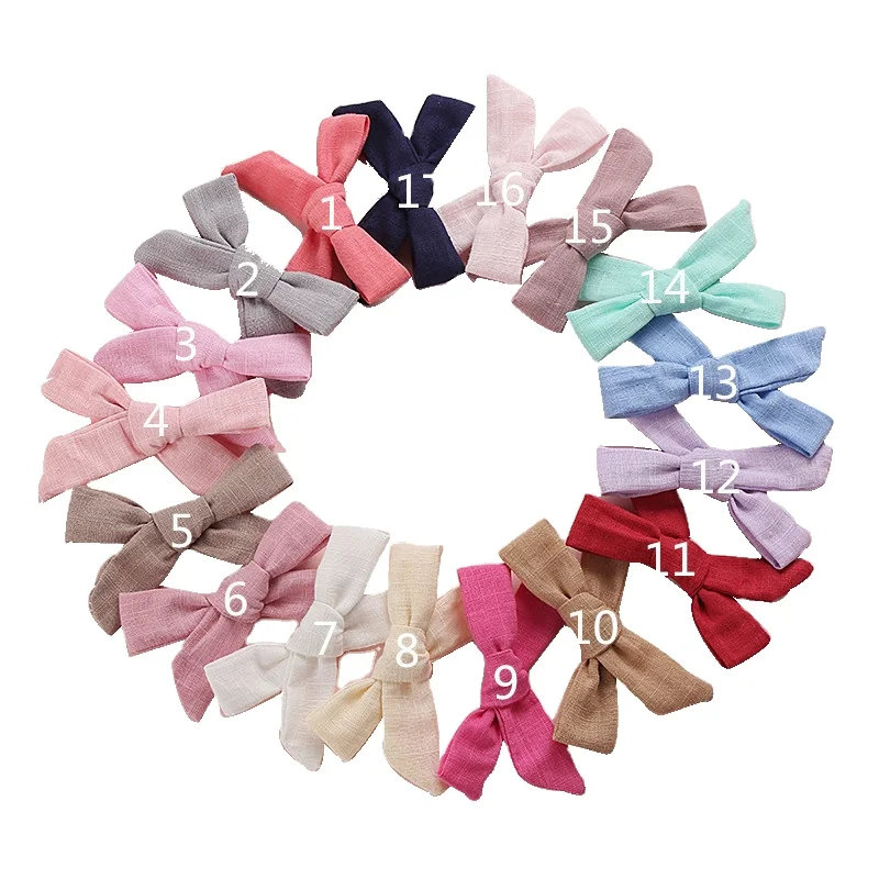 20 Solid Color Knit Cotton Linen Bowknot Hairpins Baby Girl Hair Bows Clips Barrettes Nylon Hair Accessories for Toddlers