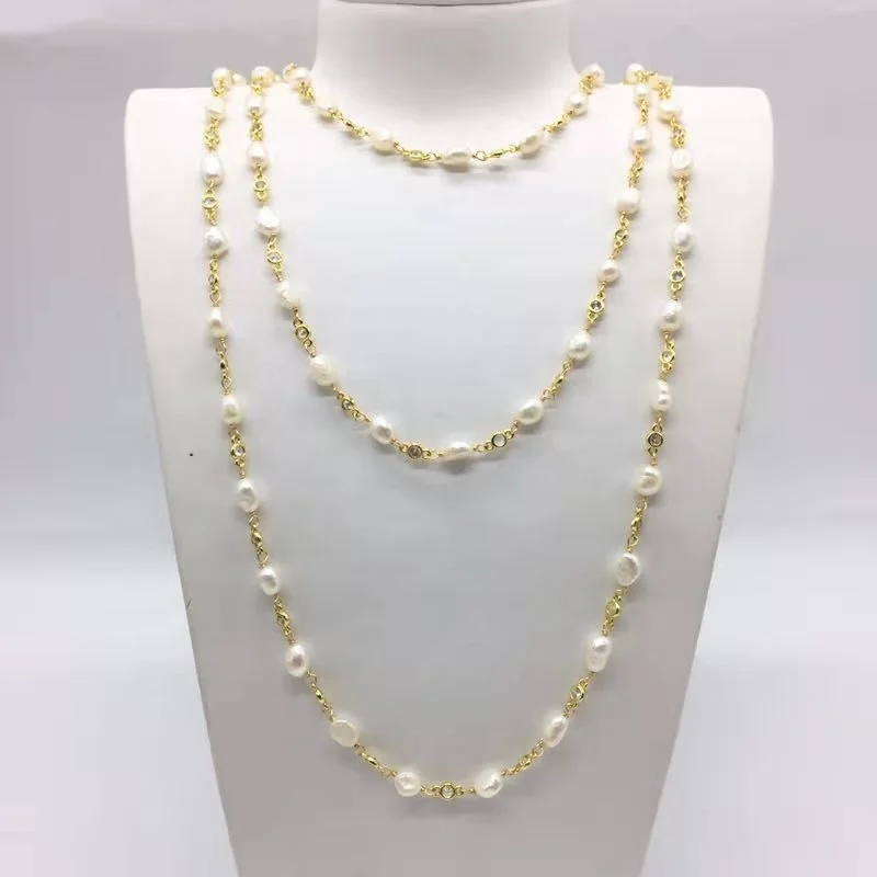 Hotselling Gold Plating Copper Wire Wrapped Natural Pearl and  Zircon Beads Rosary Chain Jewelry