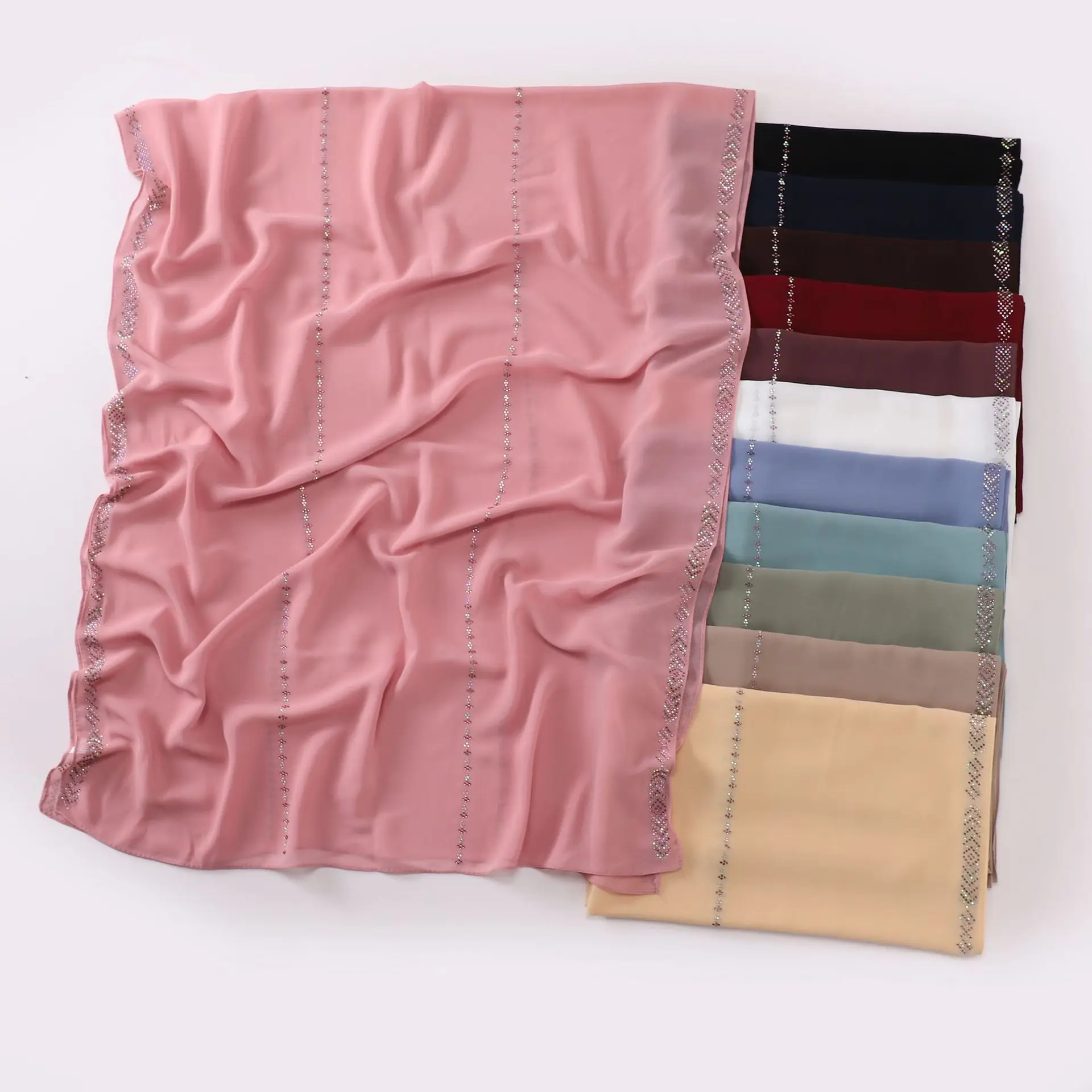 Sharut Wholesale High Quality Premium Glossy Luxury Malaysian Shawls Muslim Women Sparkling Hot Rhinestone Chiffon Hijab Scarf