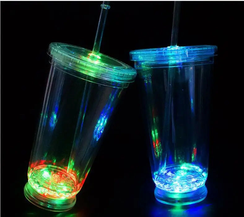Light Up Clear Plastic Tumbler Glowing Cups  Double wall Plastic Water Cup with Straw for Night and Party