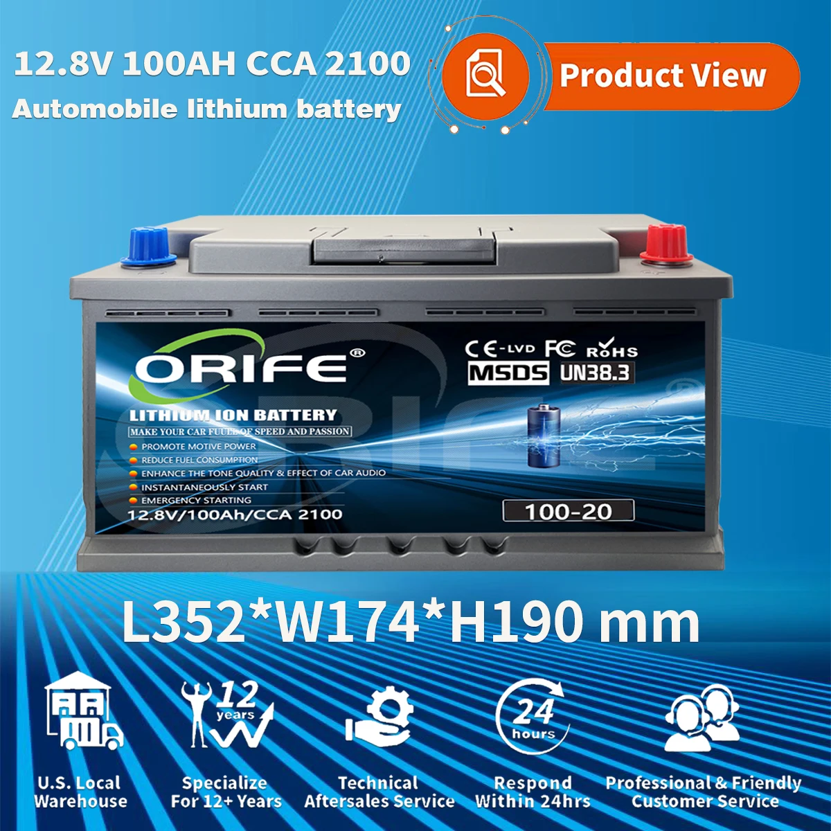 ORIFE custom 100-20 rechargeable lithium ion 12v 24v 48v 100ah 200ah hybrid car battery
