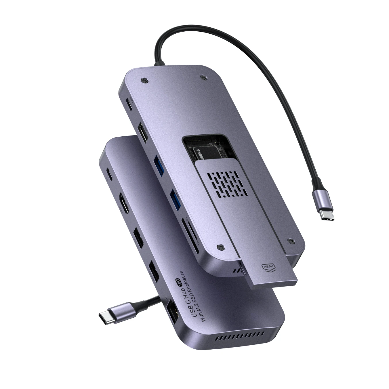 New Design Type-C HUB HDD Docking Station & M.2 SSD Enclosure 2in1 with 100W PD+1000M Lan+SD+TF+USB+DATA