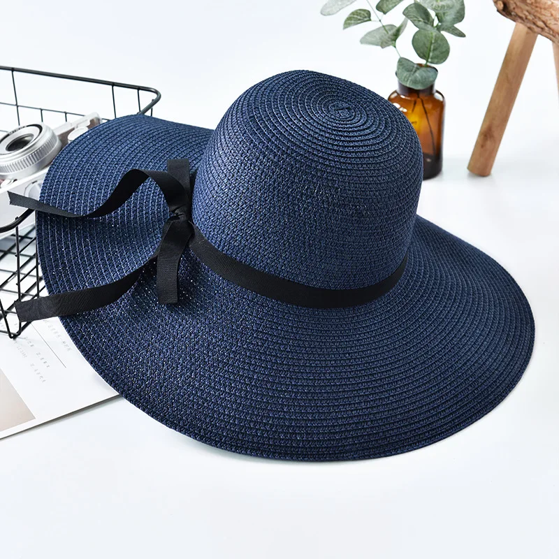Women Straw hat  with Large Edges Summer hats Bowknot  Beach Outdoor Tourism sunshade sunscreen hats Anti-UV