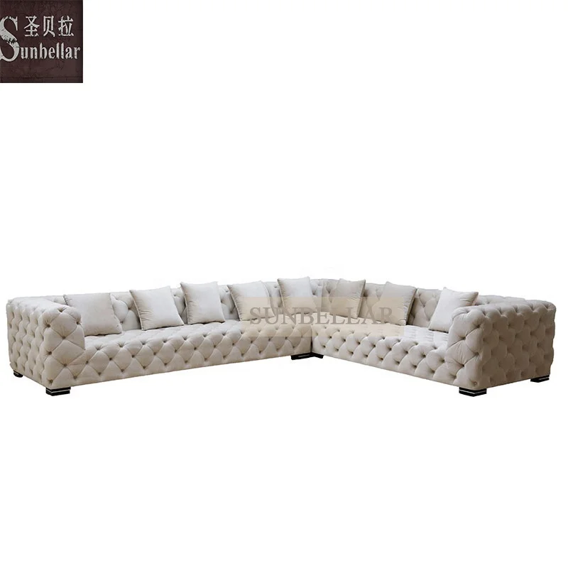 Foshan Furniture L Shaped chesterfield Sofas corner sectionals Fabric classic button tufting velvet linen traditional sofas