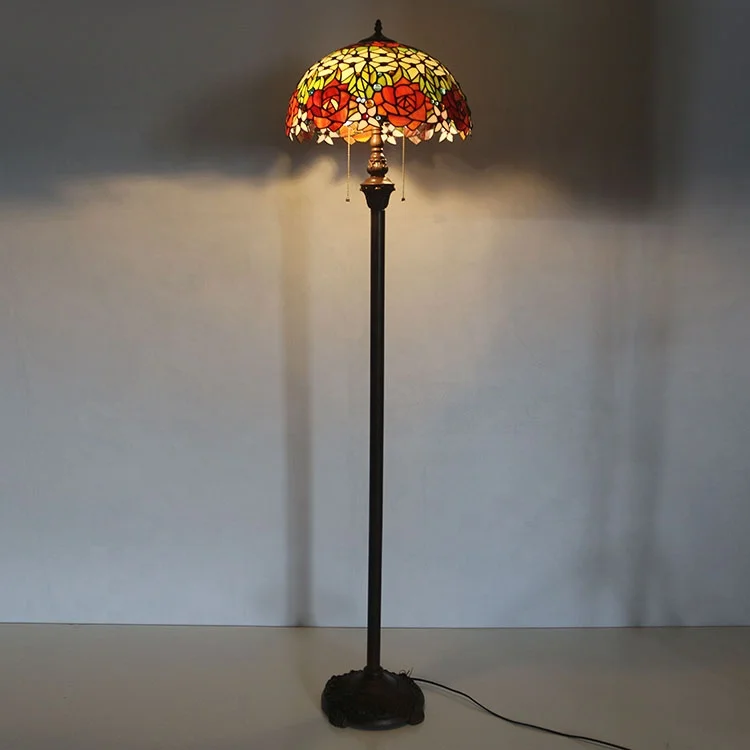 LongHuiJing Tiffany Floor Lamp with Stained Glass Rose Pattern Shade