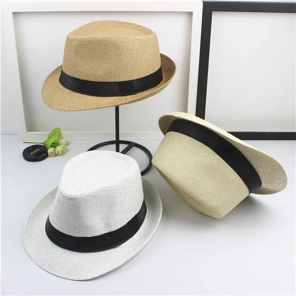 
Summer British roll brim straw kids boy women men travel shade beach jazz straw hat cap 