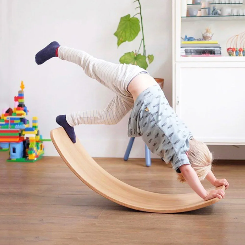 
Popular kids yoga board curvy rocker wooden montessori wobble fitness balance board 