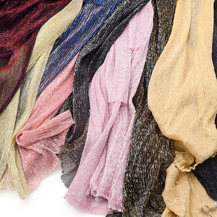 New Arrival Metallic Foil Pleated Fabric 100% Polyester Colorful Stretch Foil Fabric For Ladies Summer Dress