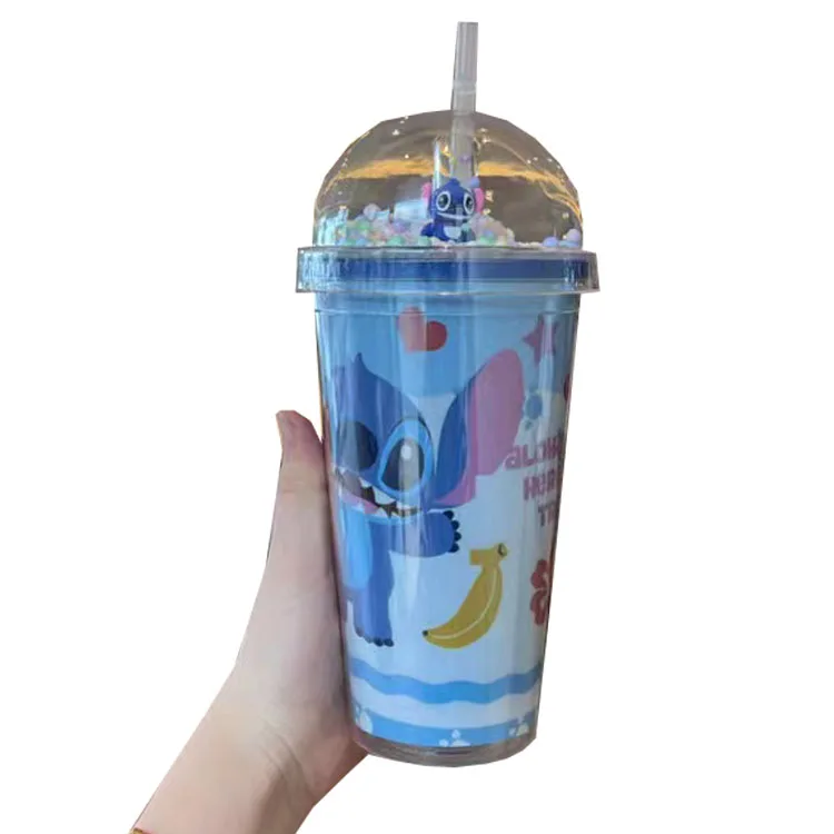 Stitch plastic water cup with straw kids cartoon character drinking cups with straws
