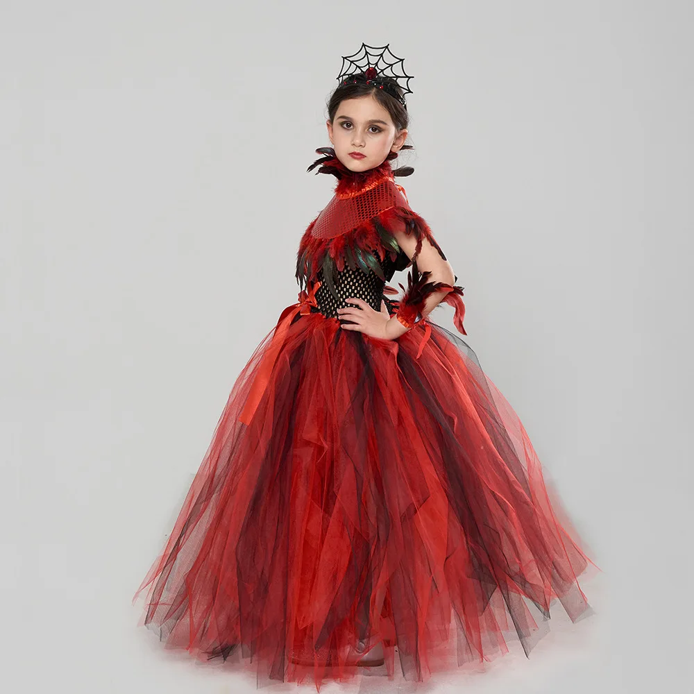 Baige Girls Queen Halloween Carnival Party Costume New Update Red Tutu Dress with Demon Vampire Theme for Holiday Celebrations