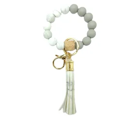 YiWu Newest Bangle Summer Silicone Elastic Beaded Keychain With Personalized Wooden Beads Bracelet Keychain