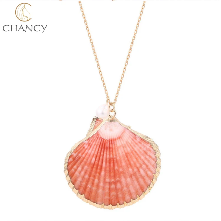 Hot sale natural sea shell necklace with natural pearl 14k gold plated necklace for woman or girl