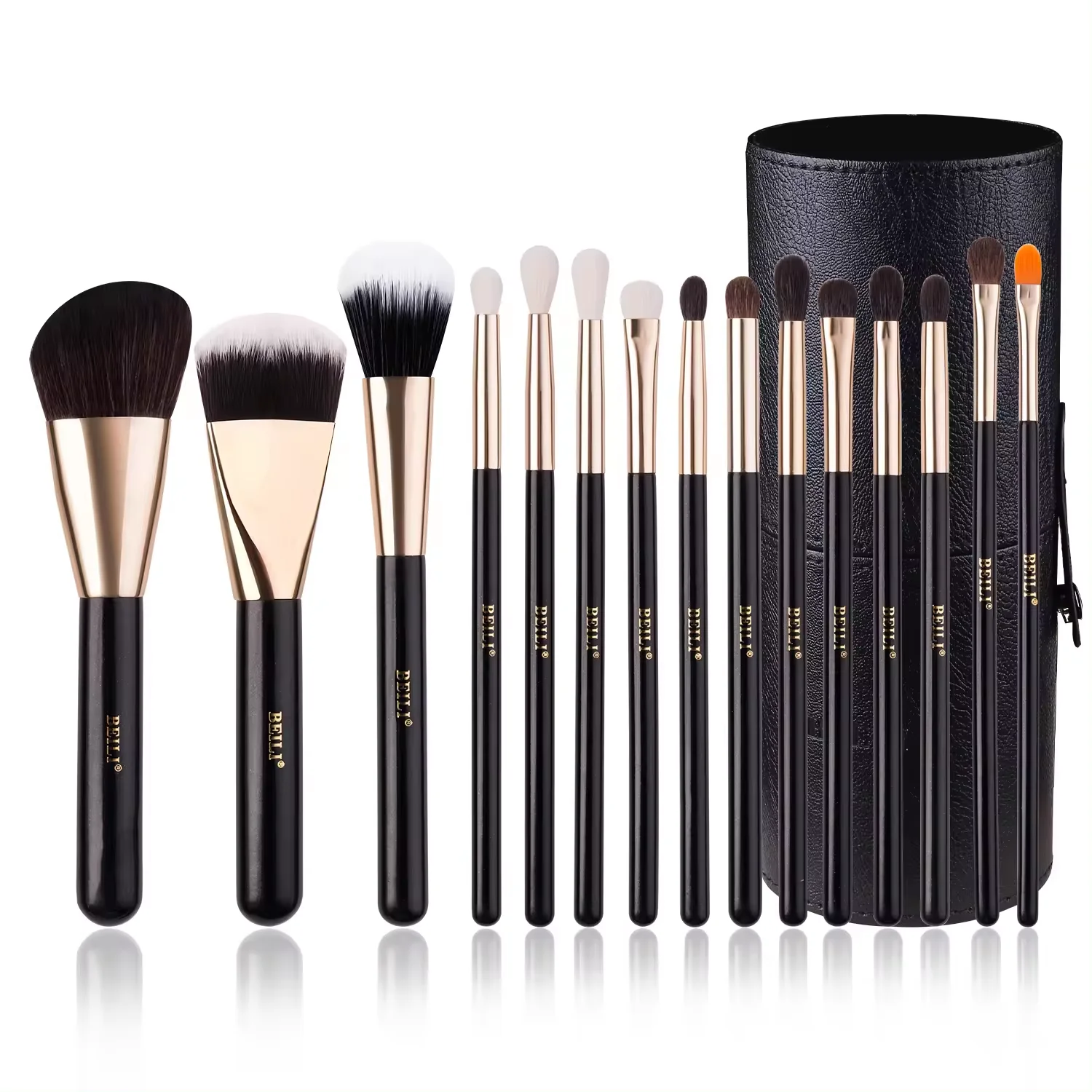 BEILI 15pc professional black Wood handle gold ferrule Synthetic goat hair makeup brush set cosmetic brushes kit with holder