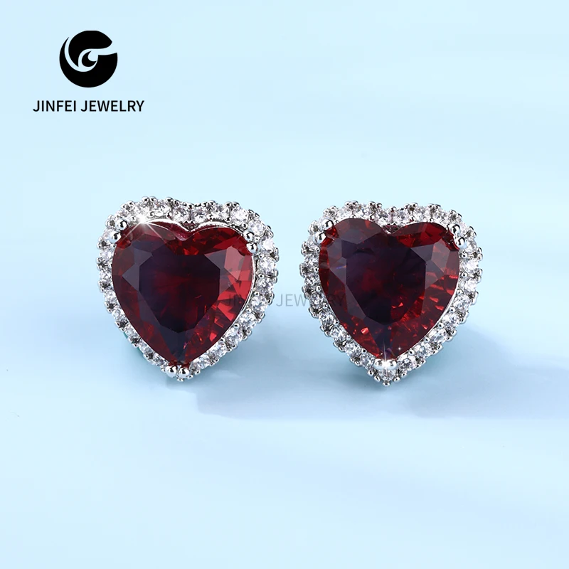 Hot Sale Red heart Shape Large Gemstones Ear Stud Silver Plated Jewelry Earrings