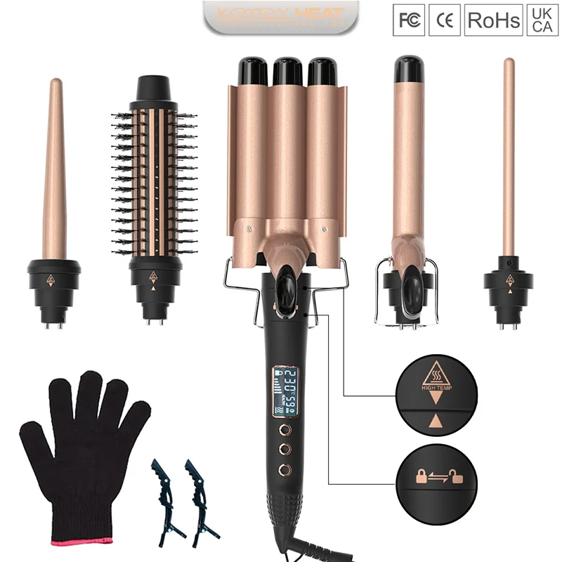 Komex, оптовая продажа, 3 бочонка для завивки, 5 в 1, беспроводные плойки для завивки волос со светодиодной температурой