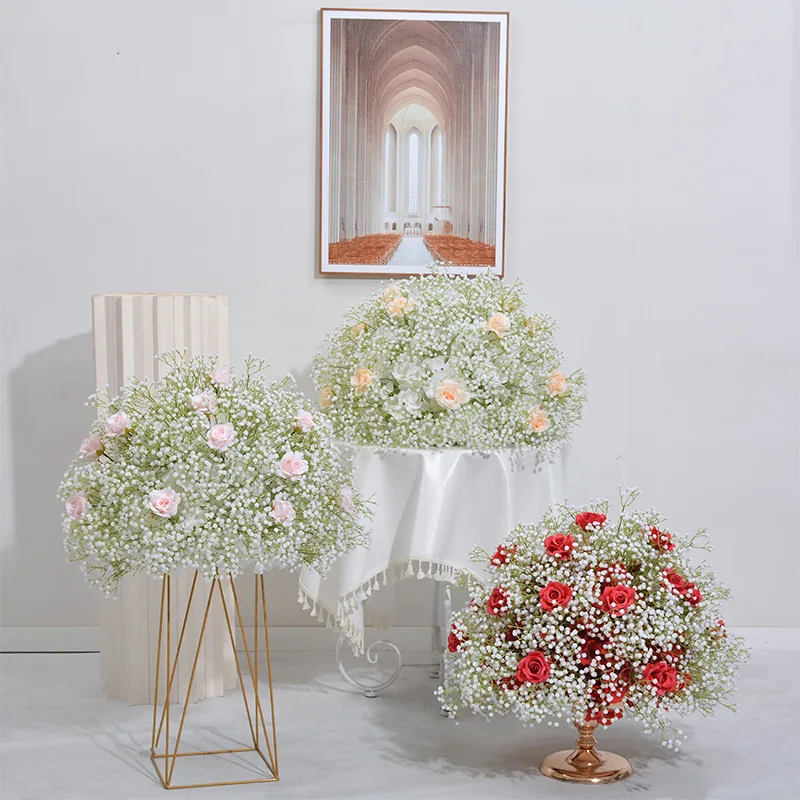 QSLH-SY0311 New design 2023 White Wedding Flower Ball Wedding Centerpieces Customized white babysbreath Event Decorative Table