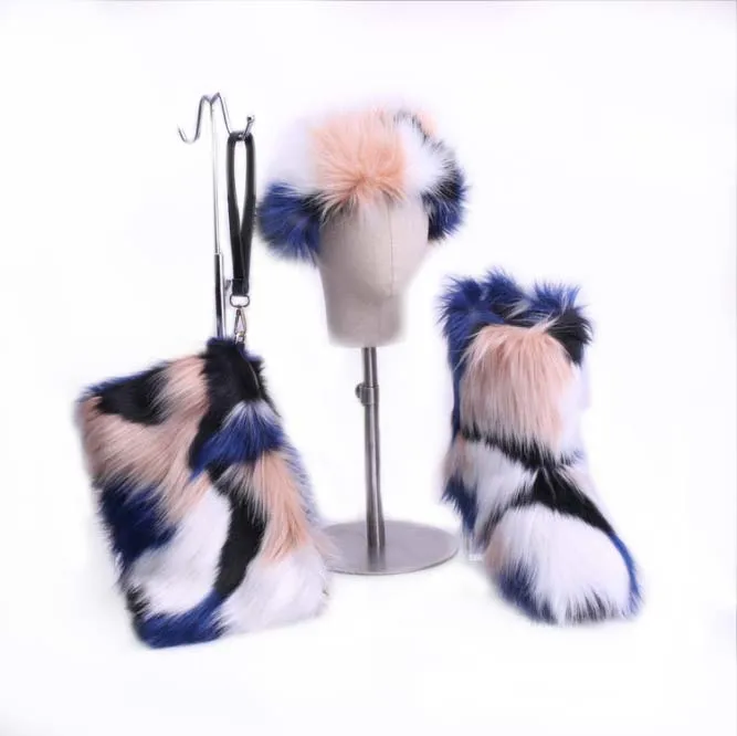 wholesale women real faux fluffy fur boots set  ladies high winter warm furry snow boots with matching purse and headband