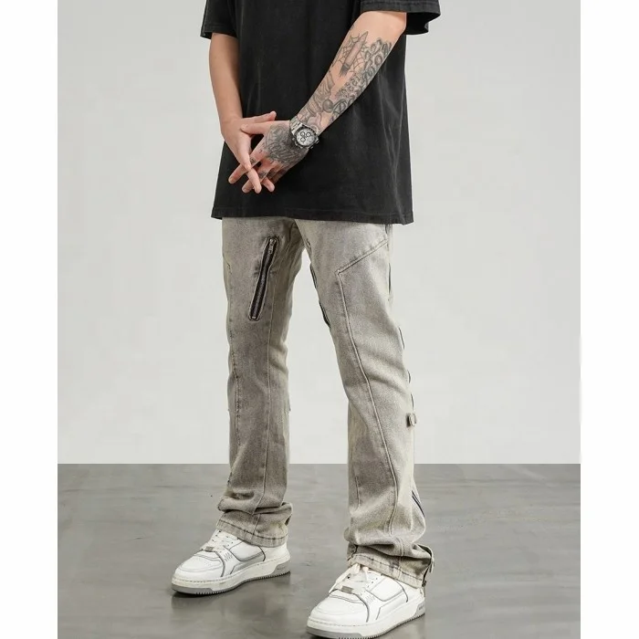 Custom label  drop ship stock street wear stock zipped stacked flared denim jeans