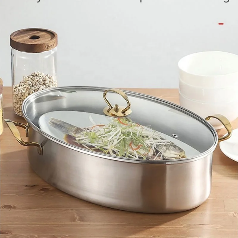Stainless Steel Fish Steamer Multi-purpose Oval Roasting Cookware Thickened Steamed Fish Pot Glass Lid Steaming Pot