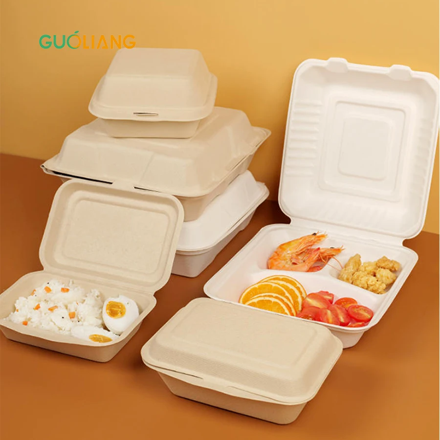 Custom Biodegradable 100% Compostable Pulp Eco Friendly Clamshell Lunch Box Take Out Food Container Packaging