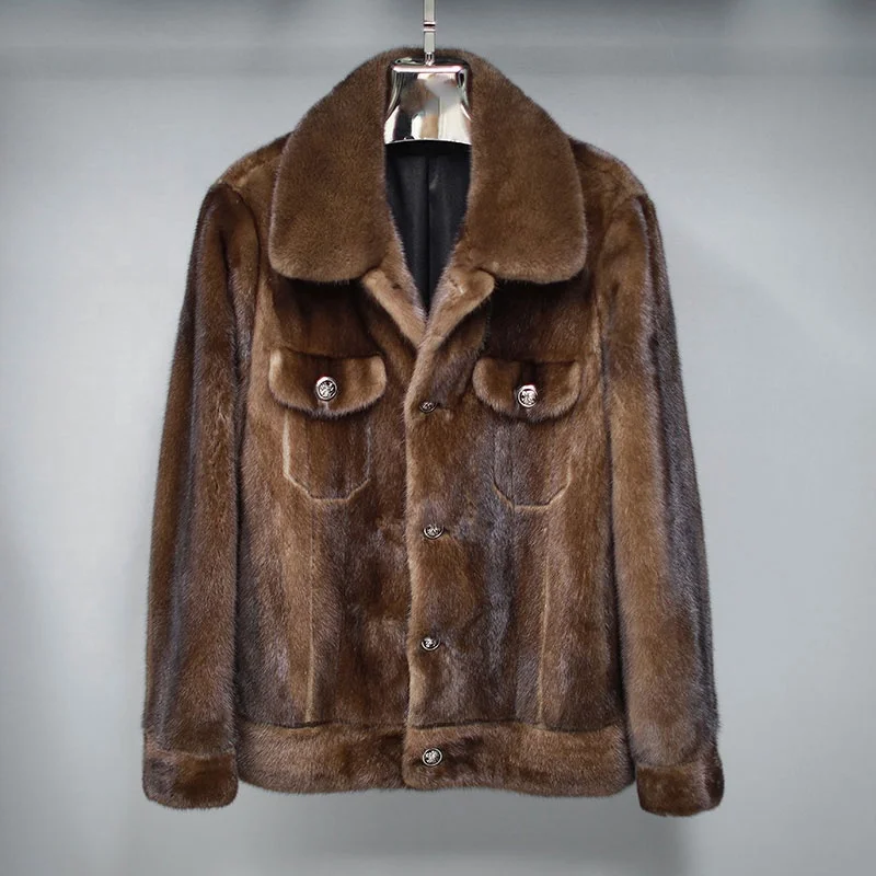 Natural Men Brown mink fur coat whole sable shawl collar male casual mink fur jacket coat
