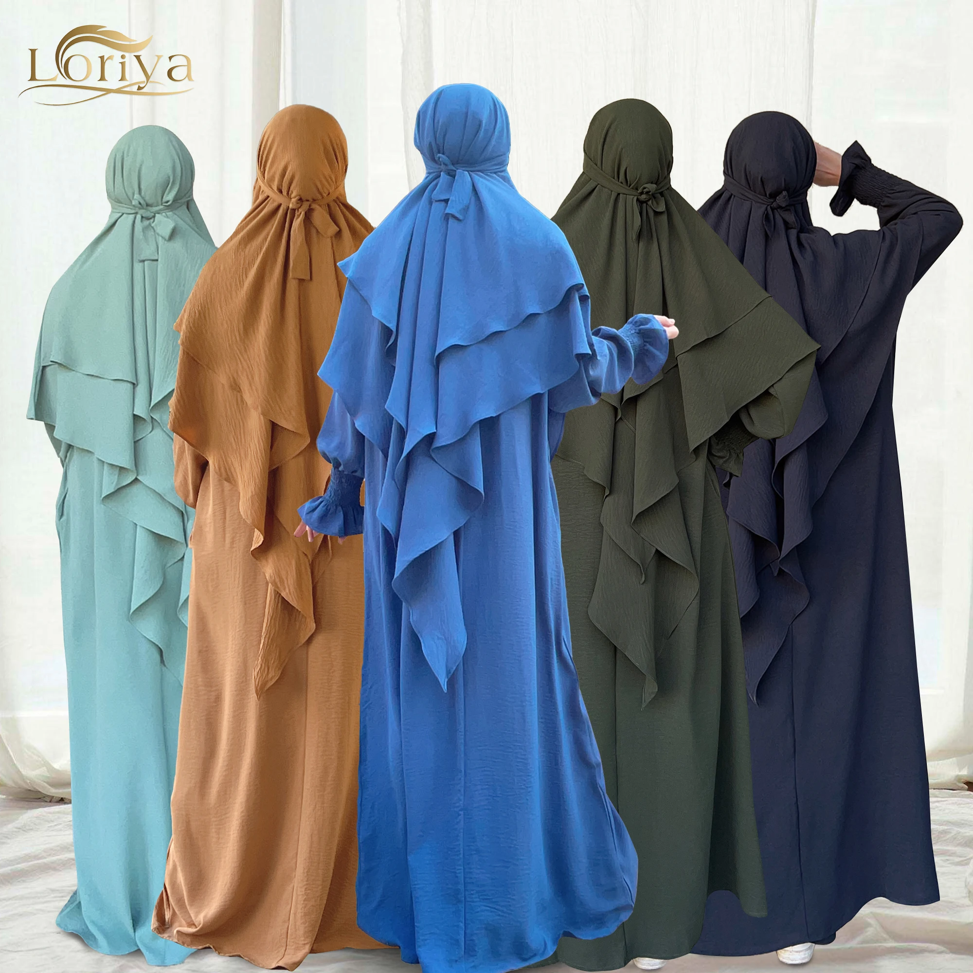 Loriya Hot Selling Two Layers Flowy Khimar Prayer Hijab Jazz Headscarf Jilbab Abaya Women Muslim Dress